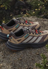 Μπεζ και καφέ παπούτσια Adidas Terrex για ορεινό τρέξιμο με μαύρες σόλες και μπλε και κόκκινες λεπτομέρειες στα κορδόνια, πάνω σε βραχώδη εξωτερική επιφάνεια.