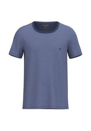 Mannen T-shirt in medium blauw met korte mouwen, ronde hals en een klein donker geborduurd logo op de linkerborst.