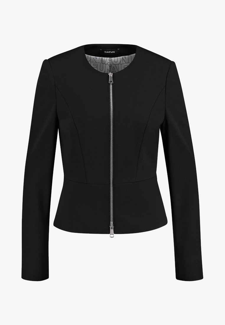 Veste noire cintrée pour femme avec manches longues, col rond et fermeture éclair centrale argentée, étiquetée Taifun à l'intérieur du col.