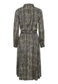 Schwarz-beige gestreiftes Midi-Kleid mit langen Ärmeln und Kragen, mit einem passenden Gürtel in der Taille, von hinten gezeigt.