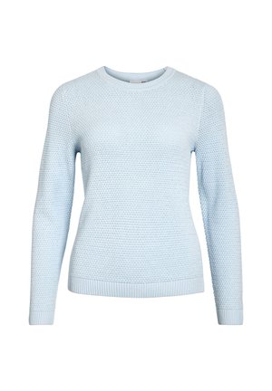 Light blue knitted sweater with a textured pattern, long sleeves, and a round neck. Ribbed hem and cuffs. Soft fabric, casual fit.
