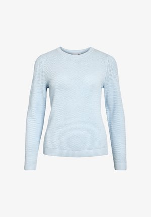 Light blue knitted sweater with a textured pattern, long sleeves, and a round neck. Ribbed hem and cuffs. Soft fabric, casual fit.