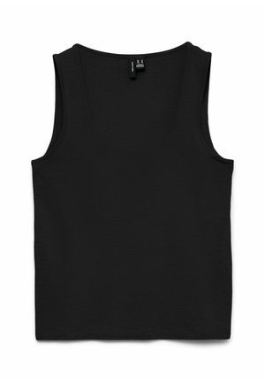 Sort ærmeløs tanktop med rund halsudskæring, lagt fladt på hvid baggrund.