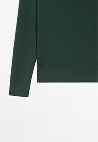 Maglione verde scuro mostrato, realizzato in tessuto a maglia. Caratterizzato da maniche lunghe e un orlo dritto con una texture a coste sui polsini e sul bordo inferiore.