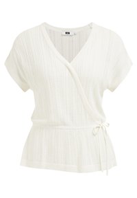 Top avvolgente in maglia bianca con maniche corte, dotato di scollatura a V, motivo a coste texturizzato e coulisse regolabile in vita.