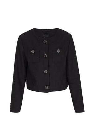 Czarna, teksturowana krótka kurtka z okrągłym dekoltem, długimi rękawami, dwoma przednimi kieszeniami i metalowymi okrągłymi guzikami z przodu.