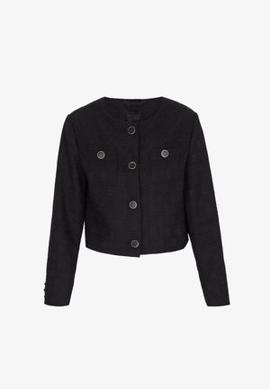 Czarna, teksturowana krótka kurtka z okrągłym dekoltem, długimi rękawami, dwoma przednimi kieszeniami i metalowymi okrągłymi guzikami z przodu.