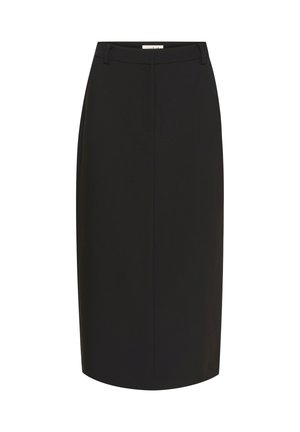Crna olovka suknja od glatkog materijala. Ima uski dizajn, srednju duljinu, petlje za remen i skriveni zatvarač na stražnjoj strani.