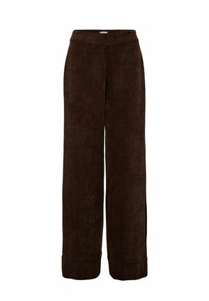 Weite Hose aus dunkelbraunem strukturiertem Stoff, mit hohem Bund und lockerer Passform. Vertikales Rippenmuster über das gesamte Kleidungsstück.