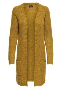 Hořčicově žlutý otevřený kardigan, pletená textura, dlouhé rukávy, dvě přední kapsy, kostkované detaily podél okrajů a manžet.