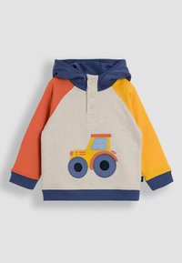 Grauer Hoodie mit orangefarbenen, gelben und blauen Raglanärmel. Auf der Vorderseite befindet sich ein cartoonhaftes Traktor-Design in Gelb und Blau. Vier Knöpfe am Kragen.