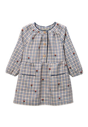 Robe pour tout-petit à manches longues avec motif à carreaux bleu et blanc, boutons sur le devant, deux poches et petits détails de broderie de fleurs rouges.