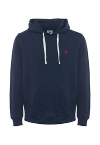 Felpa con cappuccio di colore navy realizzata in tessuto morbido, dotata di una tasca frontale, lacci bianchi e un piccolo logo rosso sul petto.