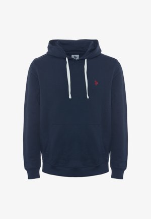 Felpa con cappuccio di colore navy realizzata in tessuto morbido, dotata di una tasca frontale, lacci bianchi e un piccolo logo rosso sul petto.