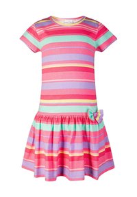 Randig bomullsklänning med korta ärmar, i rosa, gröna och lila nyanser. Volangkjol med en rosett vid midjan.
