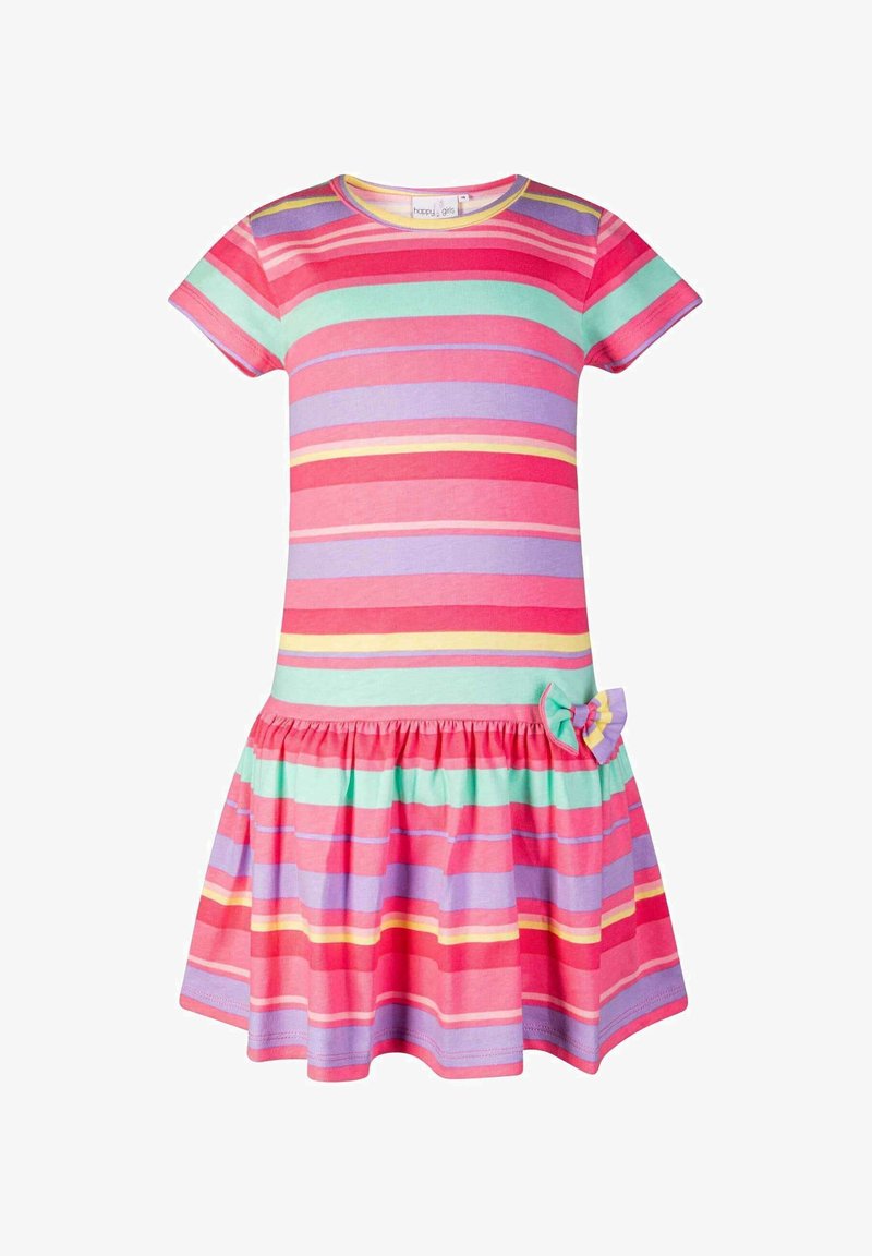 Striped cotton dress with short sleeves, featuring pink, green, and purple hues. Gathered skirt with a bow detail at the waistline.