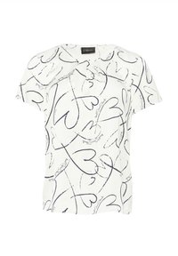 Blouse blanche à manches courtes avec un motif de cœurs noirs et un design en écriture. Possède un col rond et une texture de tissu lisse.