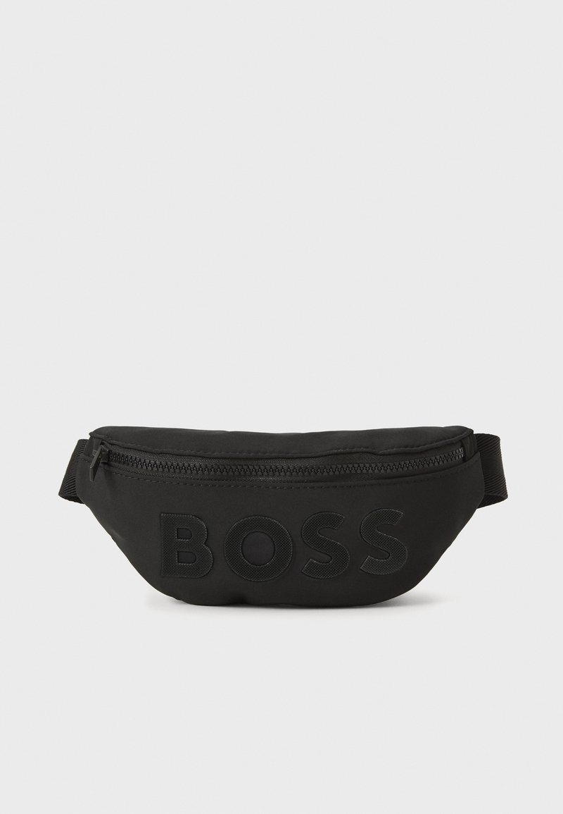 Black nylon fanny pack with a zip closure, embossed "BOSS" logo, smooth texture, and adjustable strap. Compact, rounded shape.