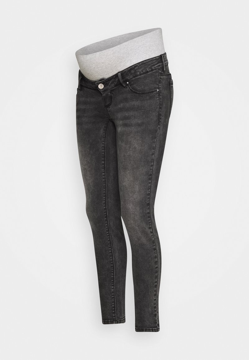 Black denim skinny jeans with a grey stretch waistband, featuring a front button closure and pockets, displayed on a neutral background.