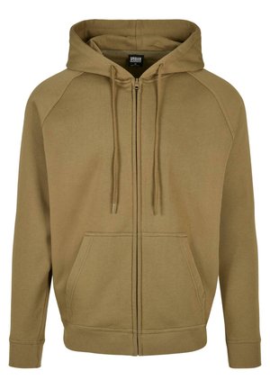 Olivgrüner Reißverschluss-Hoodie aus weichem Stoff, mit einer vorderen Kängurutasche, Kapuze mit Kordelzug sowie gerippten Bündchen und Saum.