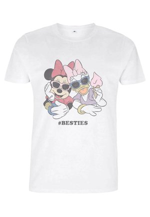 White cotton t-shirt featuring a graphic of two cartoon characters wearing sunglasses, holding cotton candy, with the text "#BESTIES" below.