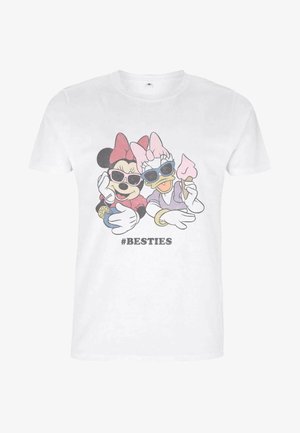 Weißes Baumwoll-T-Shirt mit einer Grafik von zwei Cartoonfiguren, die Sonnenbrillen tragen und Zuckerwatte halten, mit dem Text "#BESTIES" darunter.