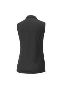 Haut noir sans manches avec col, présentant une texture lisse et des coutures discrètes le long des épaules et de la couture arrière.