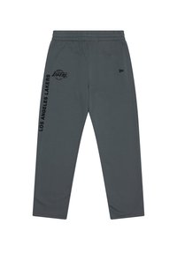 Calças de desporto cinzentas com cintura elástica, estampas do logo em preto e um design afunilado. Feitas de um tecido suave e respirável.
