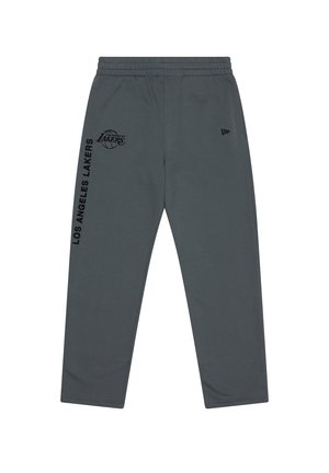 Calças de desporto cinzentas com cintura elástica, estampas do logo em preto e um design afunilado. Feitas de um tecido suave e respirável.