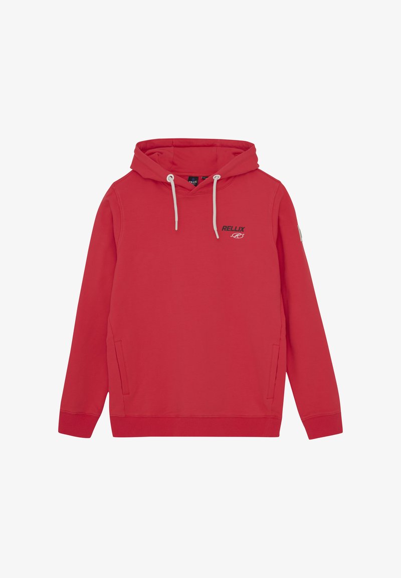 Hoodie rouge en mélange de coton doux, avec une poche frontale, une capuche avec cordon de serrage ajustable et un logo imprimé sur la poitrine.
