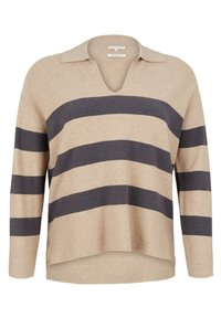 Beige tröja med mörkblå horisontella ränder, V-hals och kragdesign. Mjuk textur och avslappnad passform med en något längre baktill.
