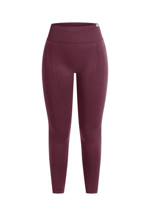 Burgundy legginsit korkealla vyötäröllä. Sileä pinta ja sauman yksityiskohtia sivuilla. Suunniteltu mukavuutta ja liikkuvuutta varten.