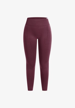 Burgundy legginsit korkealla vyötäröllä. Sileä pinta ja sauman yksityiskohtia sivuilla. Suunniteltu mukavuutta ja liikkuvuutta varten.