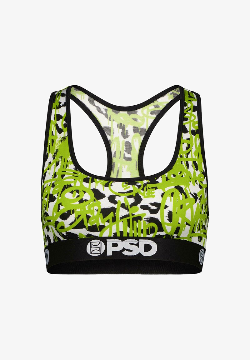 Zelená a čierna športová podprsenka s potlačou v graffitovom štýle, má strih s pretečenými ramienkami a široký čierny pás s logom "PSD".