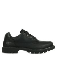 Scarpe in pelle nera con una texture liscia, punta tonda e suola in gomma con battistrada robusto. Sei fori per i lacci e logo impresso sul lato.