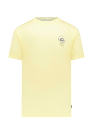 Lichtgele T-shirt met korte mouwen, een ronde hals en een klein rond logo op de linkerborst met de tekst "G-STAR RAW" en "82."