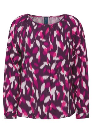 Fioletowa bluzka z różowymi i białymi abstrakcyjnymi wzorami, z długimi rękawami, okrągłym dekoltem i zapięciem na guziki z przodu. Miękka, teksturowana tkanina.
