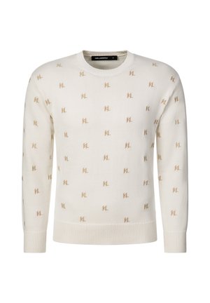 Pull en maille à manches longues couleur crème avec petit motif d'initiales "KL" beige et bords-côtes aux poignets, à l'ourlet et à l'encolure ronde.
