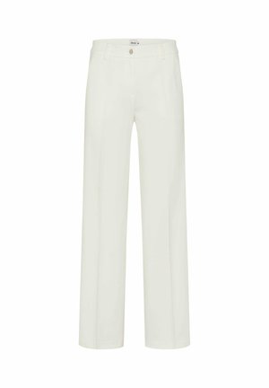 Weiße gerade geschnittene Hosen mit Knopf- und Reißverschluss, Gürtelschlaufen und Vordertaschen, auf weißem Hintergrund präsentiert.