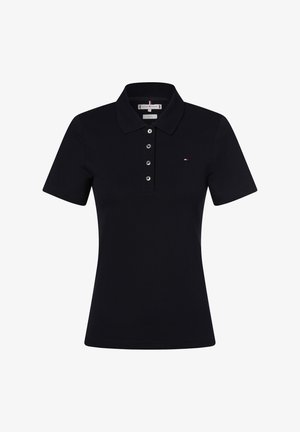 Navy blue polo shirt made of cotton, featuring a classic collar, five button placket, and embroidered logo on the left chest. Short sleeves.