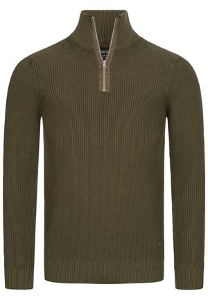 Pulover tricotat verde măsliniu, cu guler cu fermoar până la jumătate, textură cu nervuri și manșete ajustate. Prezintă un logo discret al brandului la tiv.