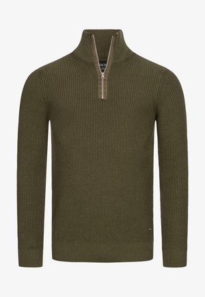 Olijfgroen gebreid trui met een halslijn met halve ritssluiting, geribbelde textuur en aansluitende manchetten. Kenmerkt een subtiel merklogo op de zoom.