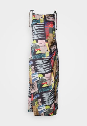 Maxikjole i let stof med et flerfarvet print af abstrakte designs og tekst. Justerbare stropper for en tilpasset pasform.