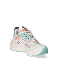 Weißer Sneaker aus Netz- und Synthetikmaterialien mit Mint-Akzenten, orangefarbenen und lila Details sowie einem klobigen Sohlen-Design.