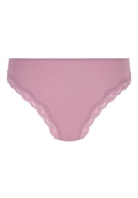Rosa Baumwollslips mit Rippstruktur und Spitze entlang der Kanten. Sie haben eine niedrige Taille und einen klassischen Schnitt.