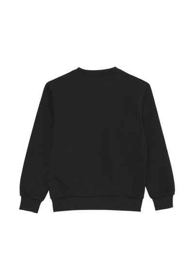 Felpa nera con scollo rotondo, maniche lunghe e polsini e orlo a coste. Tessuto liscio senza loghi o fantasie visibili.