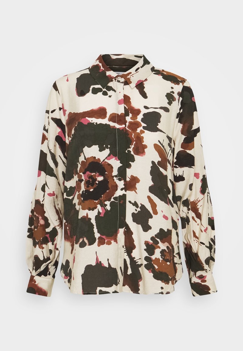 Bluse med blomsterprint i creme, med nuancer af brun, grøn og pink. Knappet foran, krave og lange ballonærmer. Tekstureret stof.