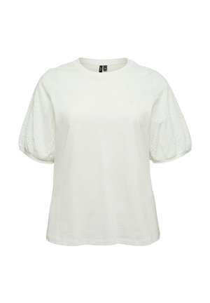 Witte blouse met korte mouwen, ronde hals en geplooide mouwen met een geborduurd bloemmotief met oogjes.