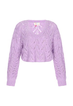 Paarse cropped sweater met een v-hals, gemaakt van gebreid materiaal met een ruitpatroon en geribbelde manchetten. Het open geweven ontwerp voegt textuur toe.