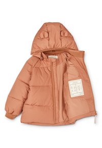 Padded children's jacket in soft peach with a hood featuring bear ears, ribbed cuffs, and an interior care label. Zipper closure.
